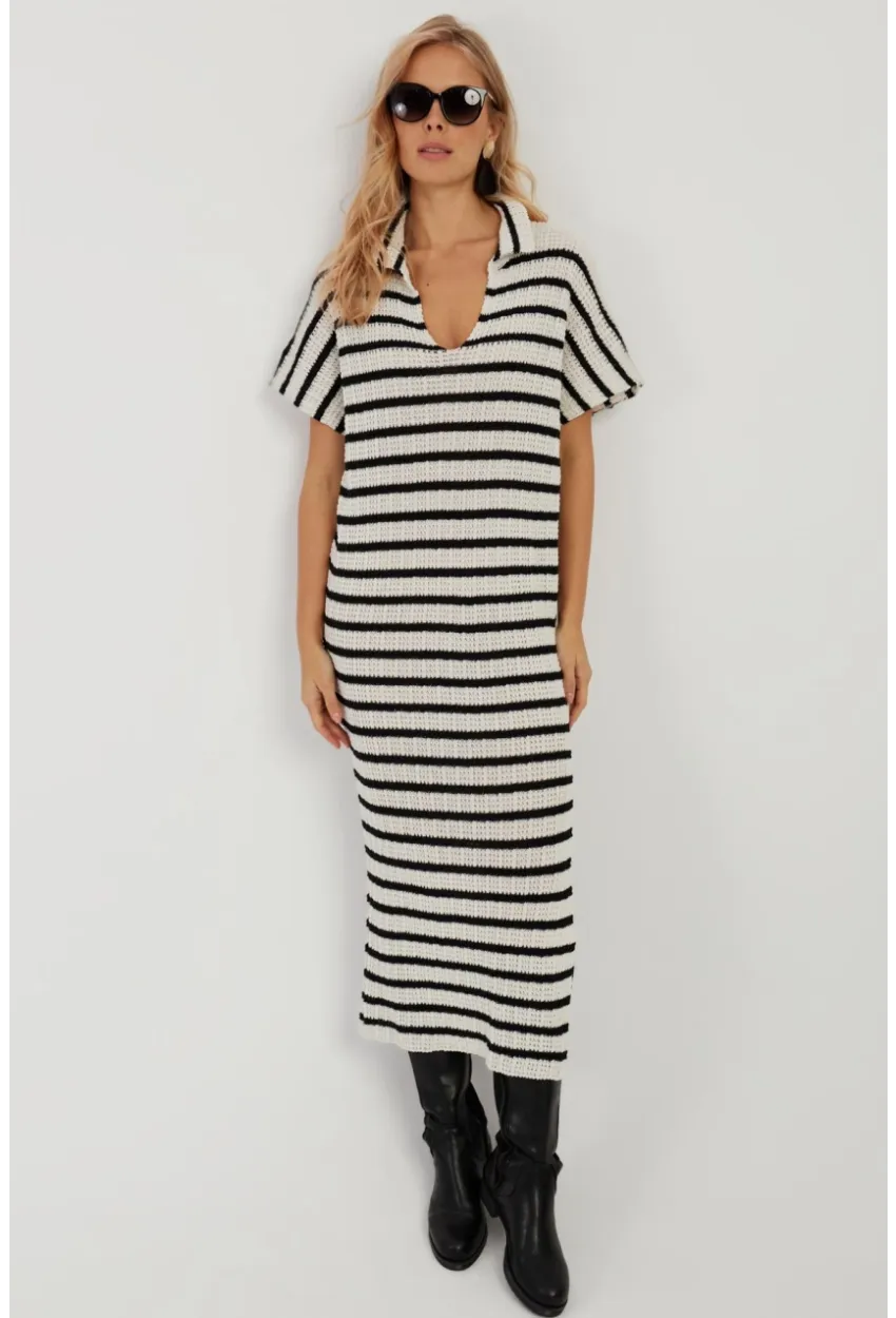 Kadın Ekru-Siyah Ajurlu Triko Midi Elbise YZ622