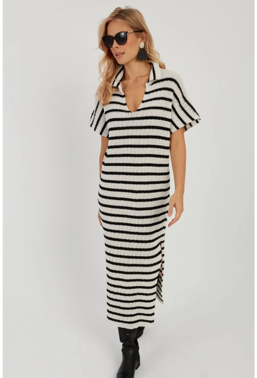Kadın Ekru-Siyah Ajurlu Triko Midi Elbise YZ622