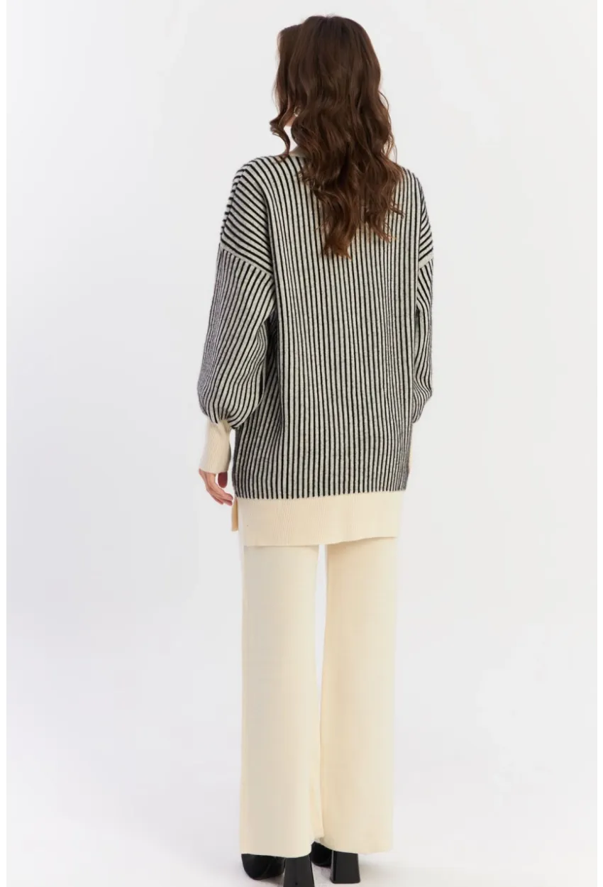 Kadın Ekru-Siyah Alt Üst Pantalon Triko Takım NUV35