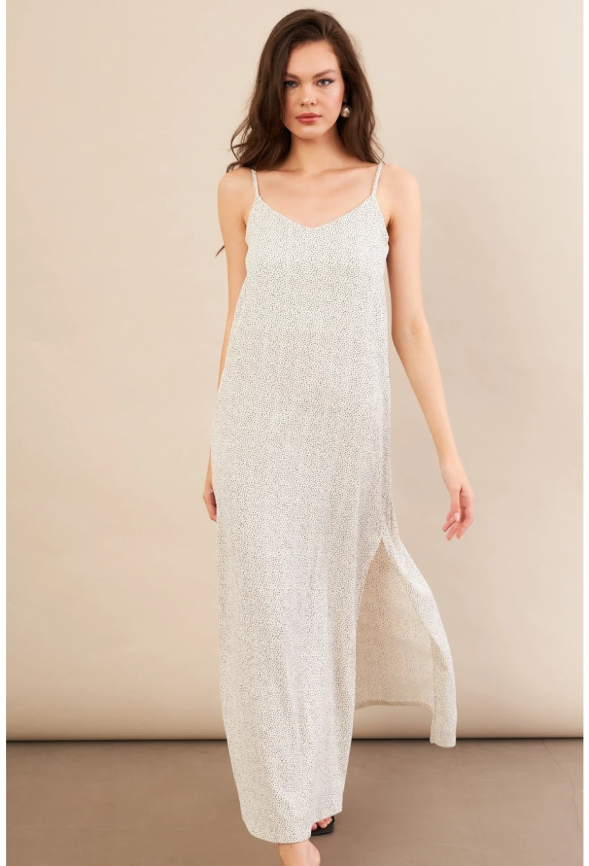 Kadın Ekru-Siyah Askılı Desenli Krinkıl Midi Elbise AYD413