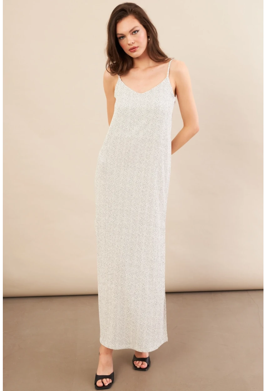 Kadın Ekru-Siyah Askılı Desenli Krinkıl Midi Elbise AYD413