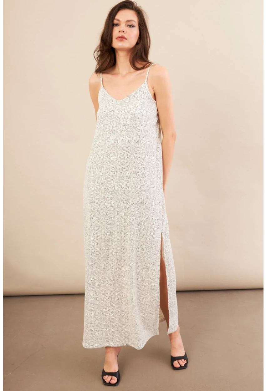 Kadın Ekru-Siyah Askılı Desenli Krinkıl Midi Elbise AYD413