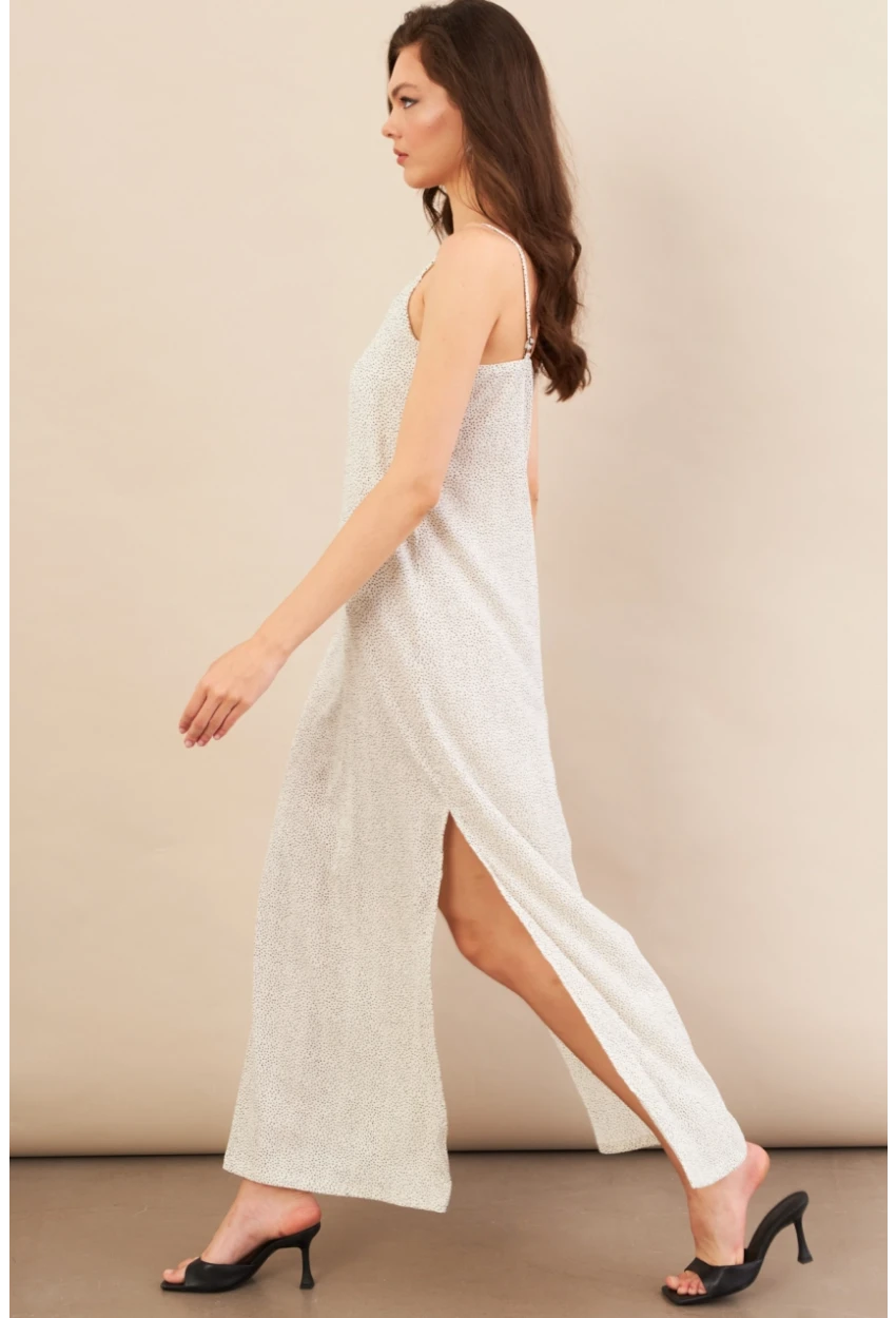 Kadın Ekru-Siyah Askılı Desenli Krinkıl Midi Elbise AYD413