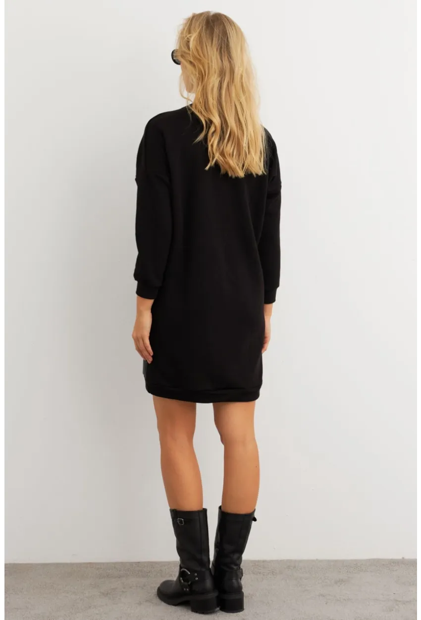 Kadın Ekru-Siyah Leopar Desenli Mini Sweat Elbise ST145