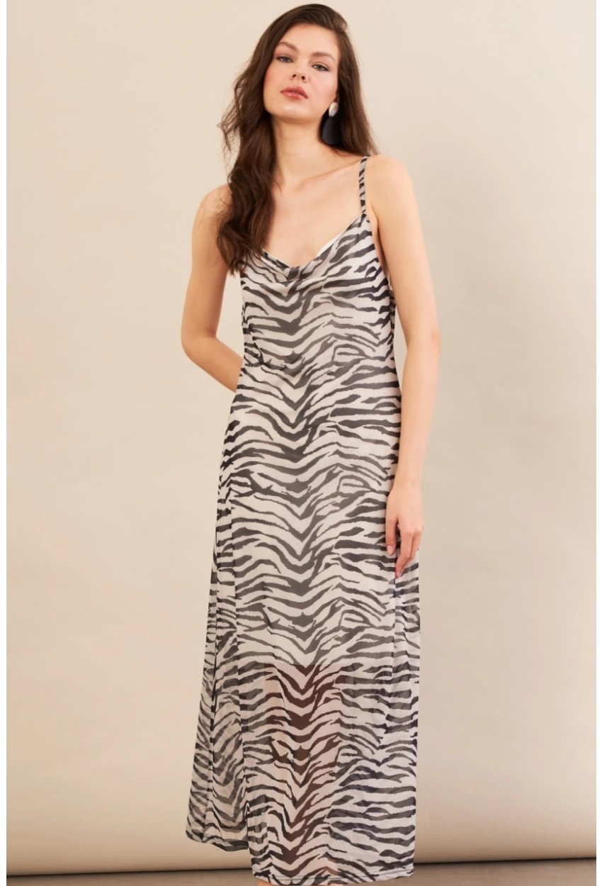 Kadın Ekru-Siyah Sırtı Açık Desenli Midi Tül Elbise İRE992