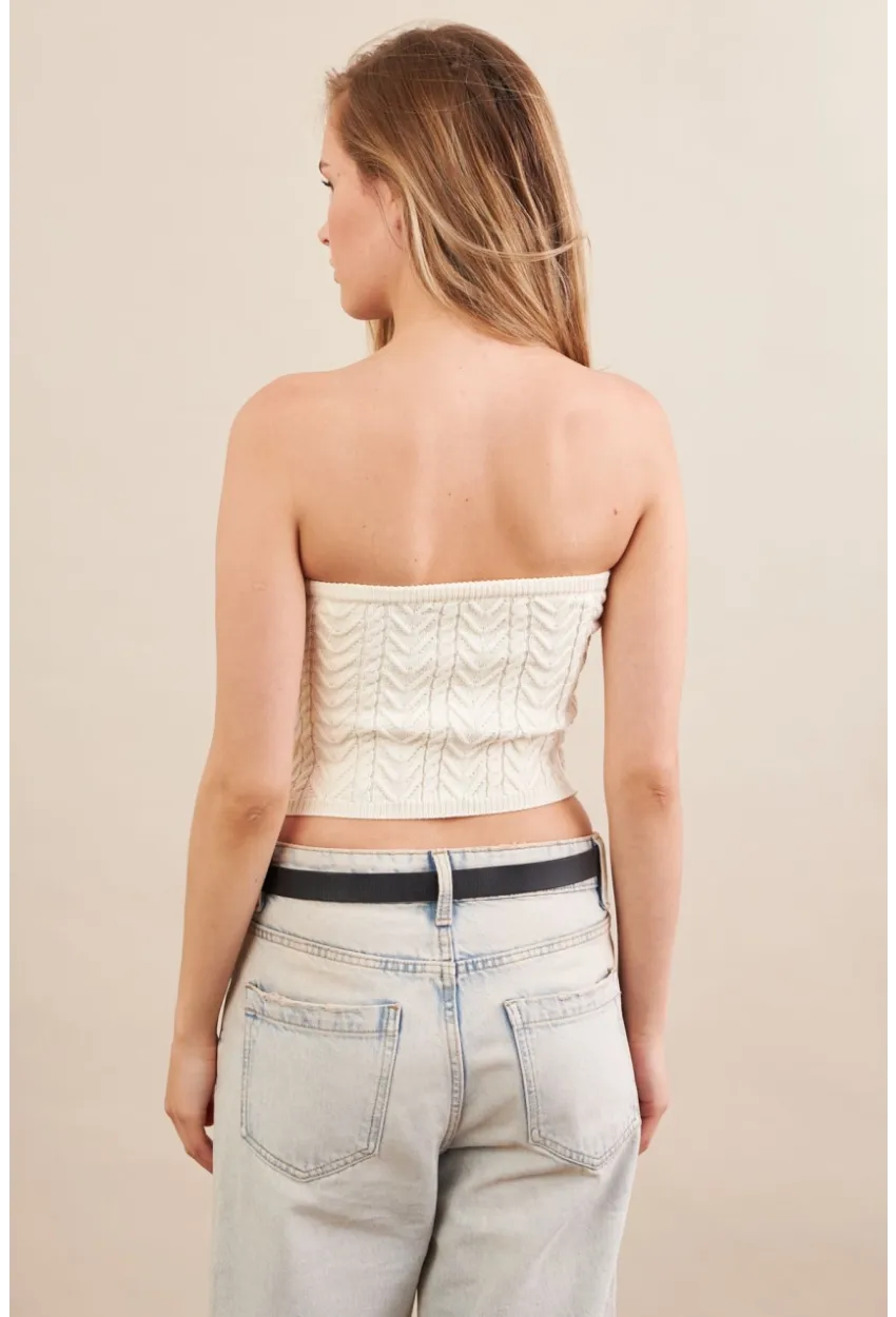 Kadın Ekru Straplez Triko Crop Bluz ZH049