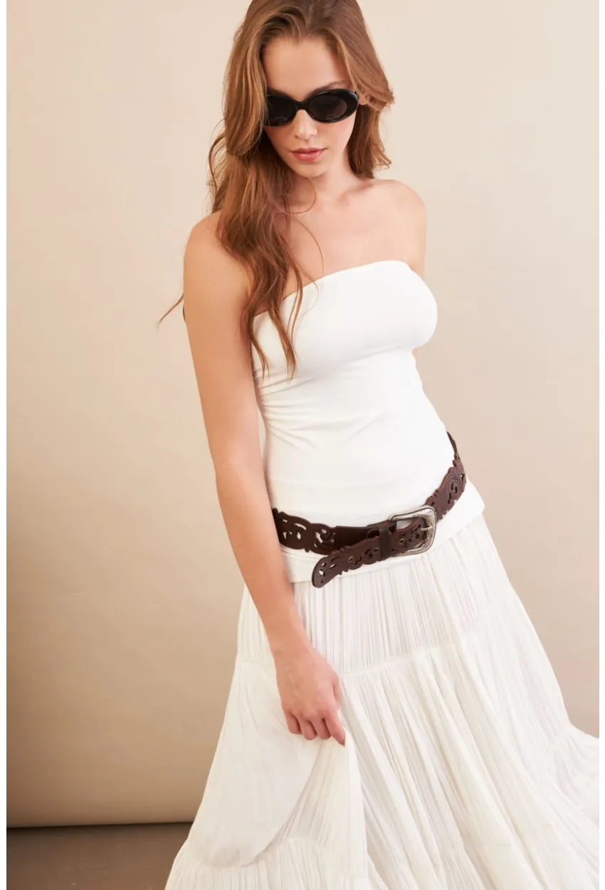 Kadın Ekru Straplez Yanı Yırtmaçlı Bluz MX2006