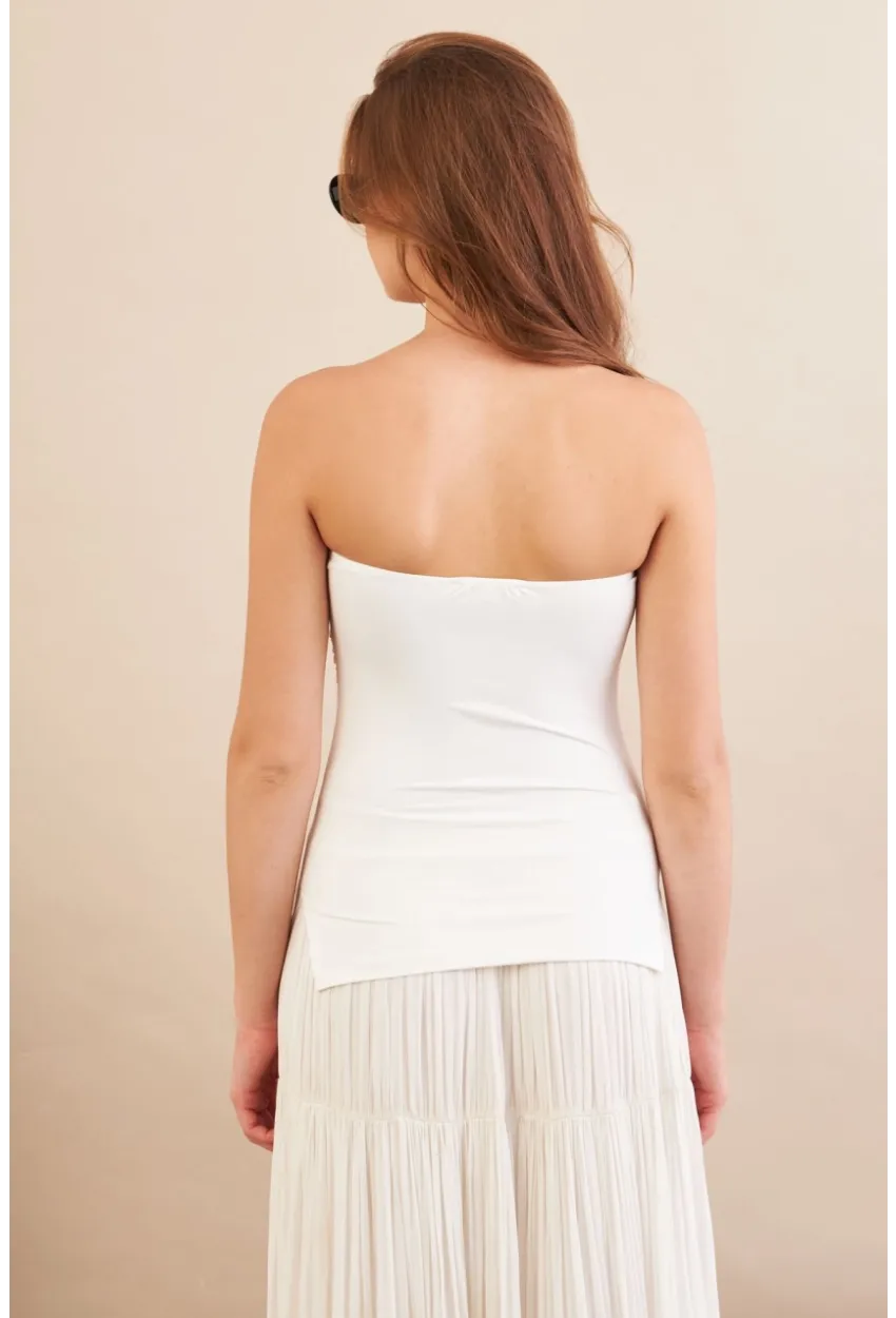 Kadın Ekru Straplez Yanı Yırtmaçlı Bluz MX2006