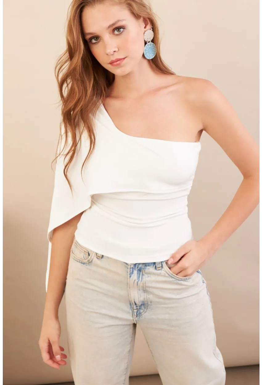Kadın Ekru Tek Omuz Bluz AN6015