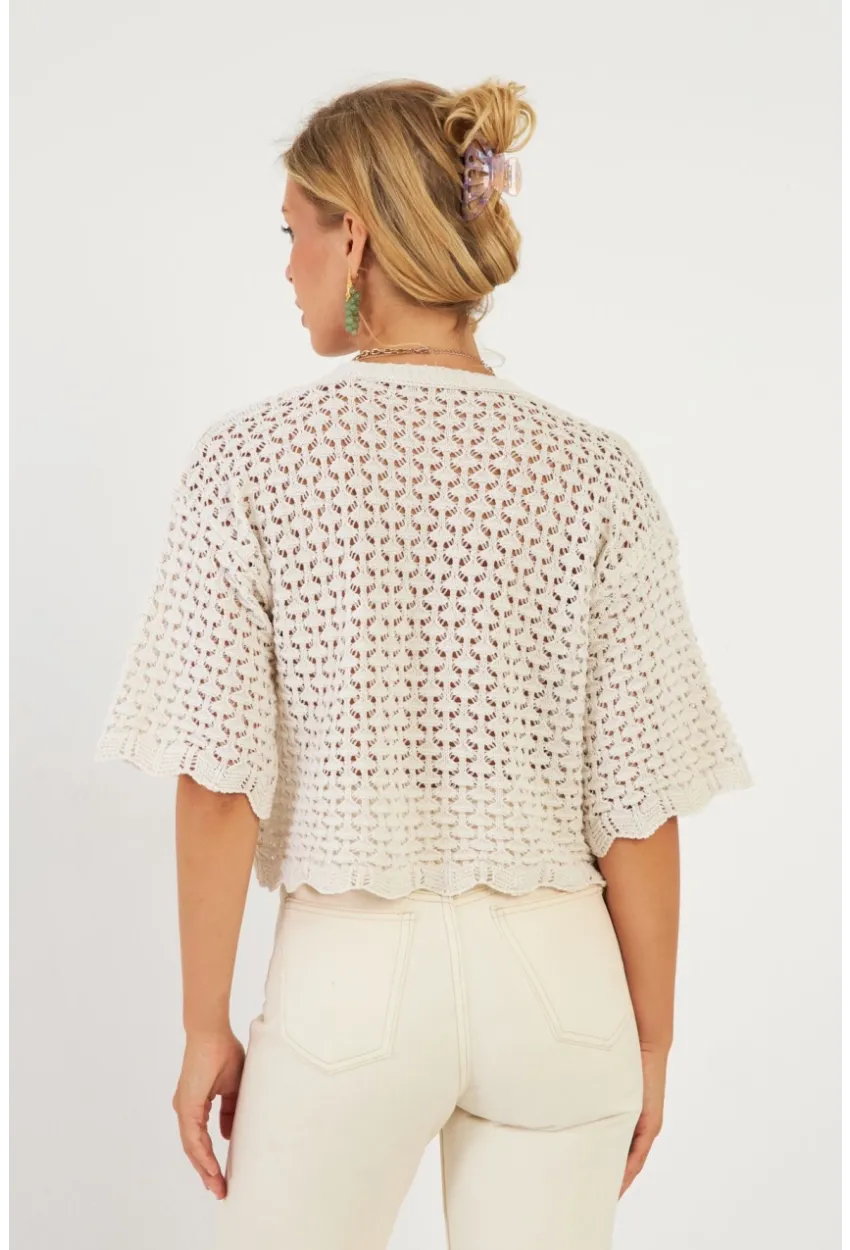 Kadın Ekru Triko Ajurlu Hırka YV255