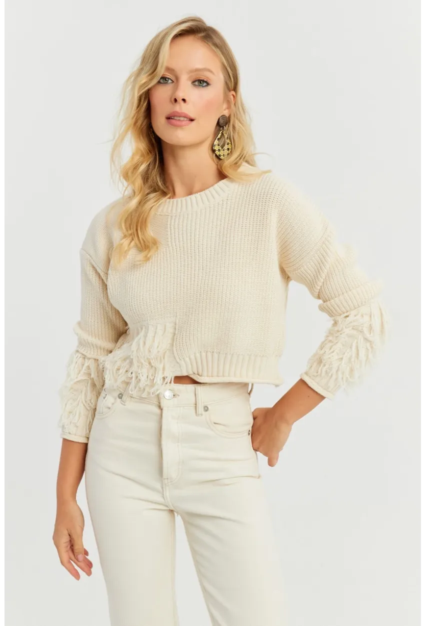 Kadın Ekru Triko Kısa Kazak YZ526