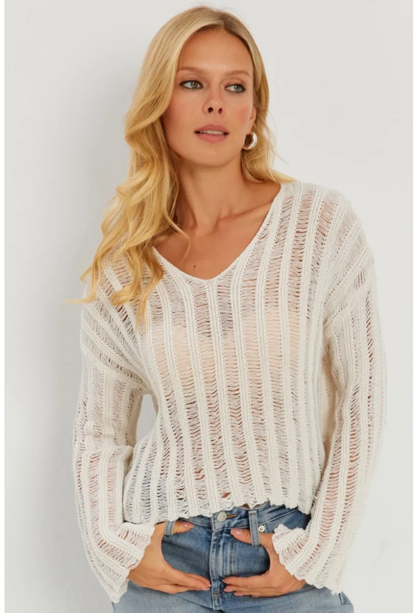 Kadın Ekru V Yaka Ajurlu Triko Bluz YV233