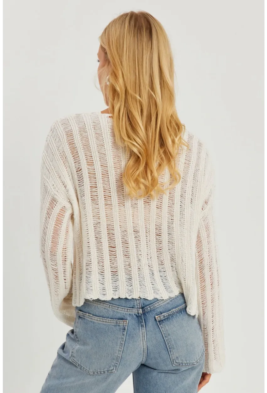 Kadın Ekru V Yaka Ajurlu Triko Bluz YV233