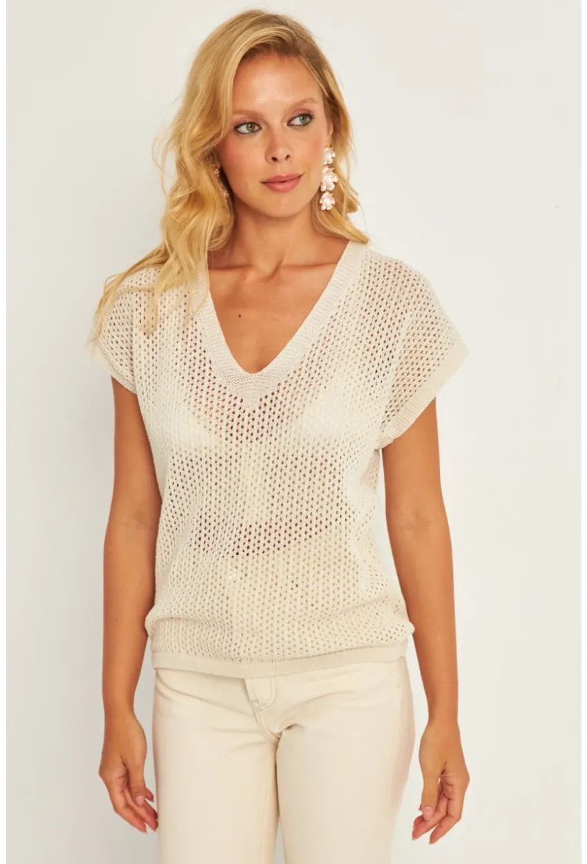 Kadın Ekru V Yaka Fileli Bluz SMT230