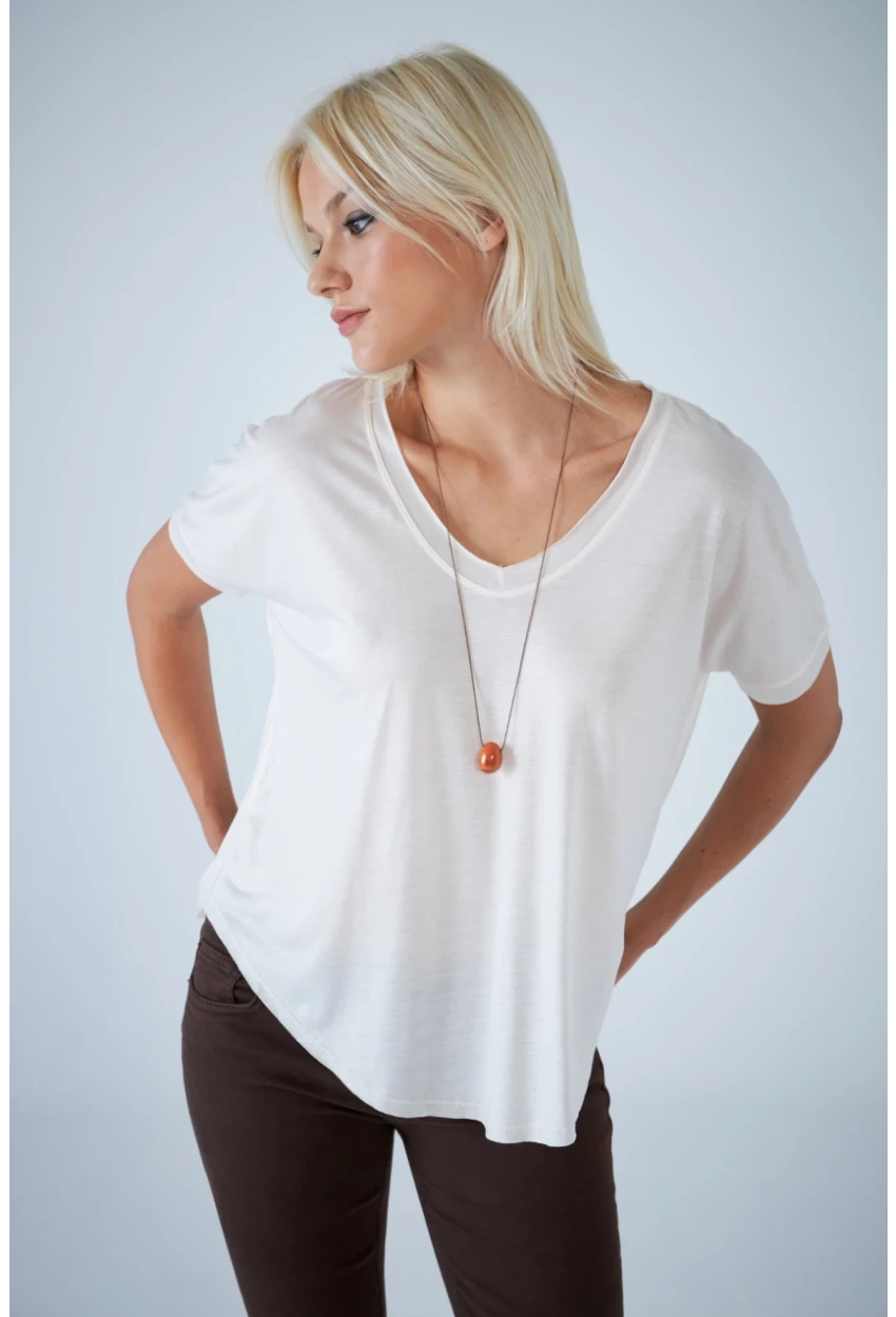 Kadın Ekru V Yaka Rahat T-Shirt LPP1310