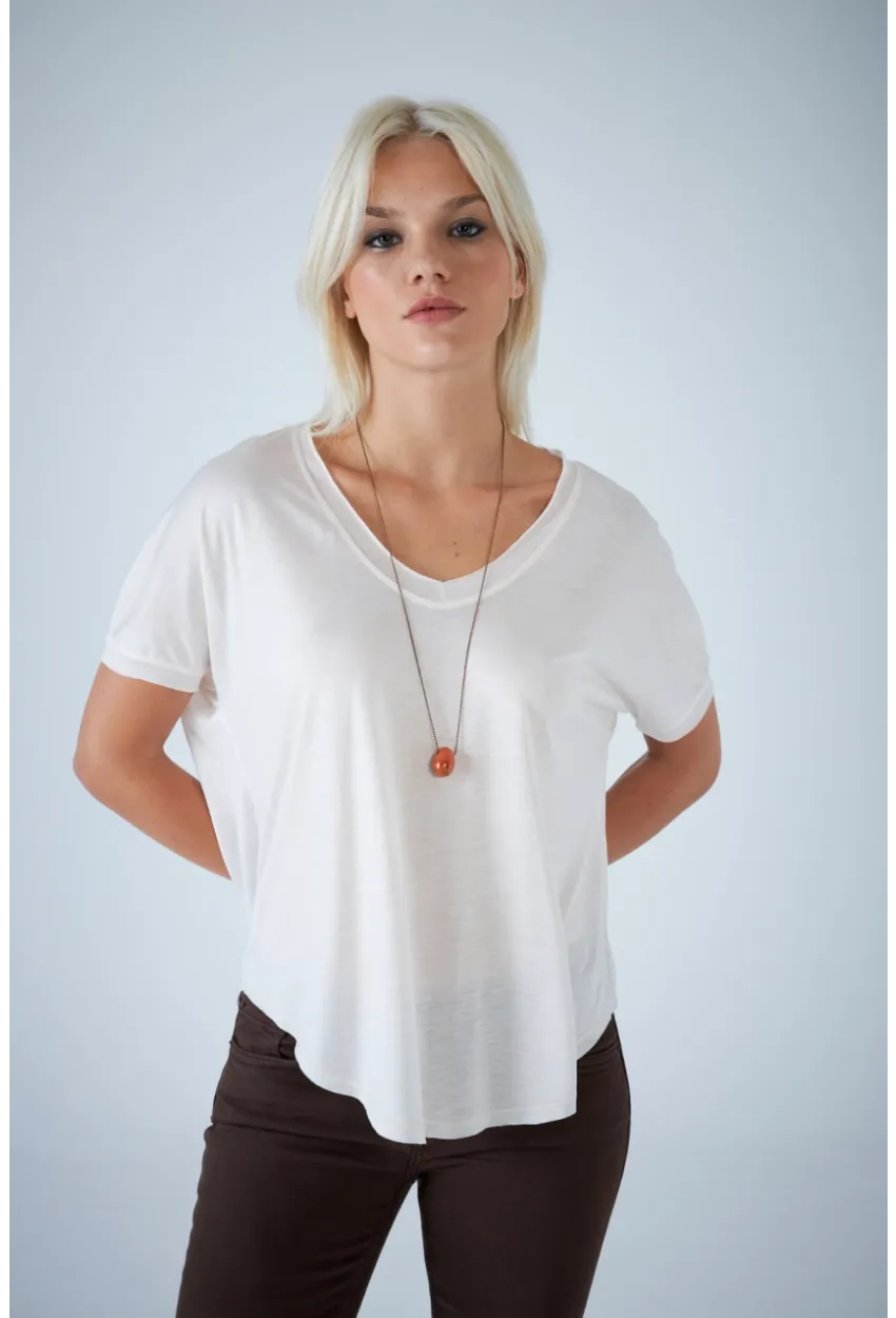 Kadın Ekru V Yaka Rahat T-Shirt LPP1310