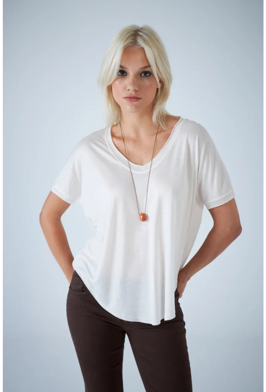 Kadın Ekru V Yaka Rahat T-Shirt LPP1310