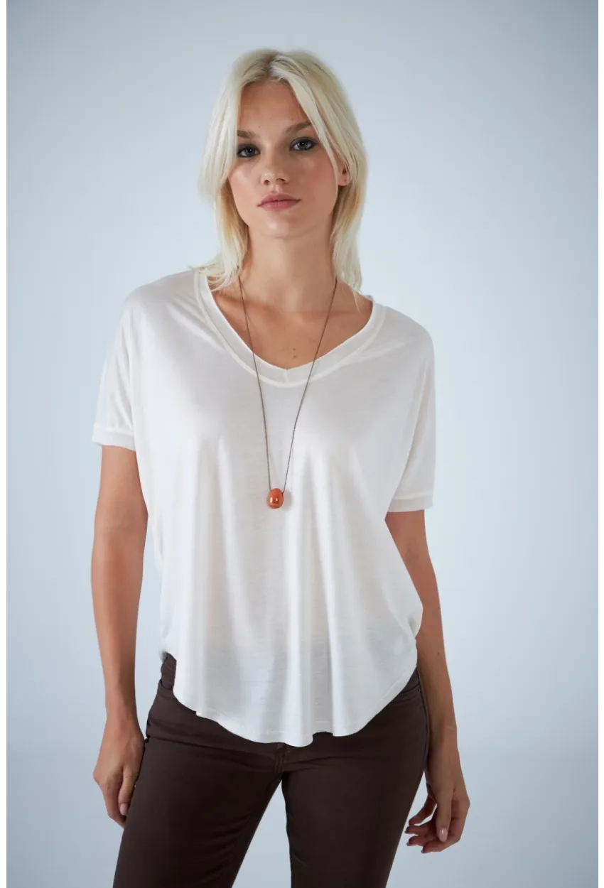 Kadın Ekru V Yaka Rahat T-Shirt LPP1310