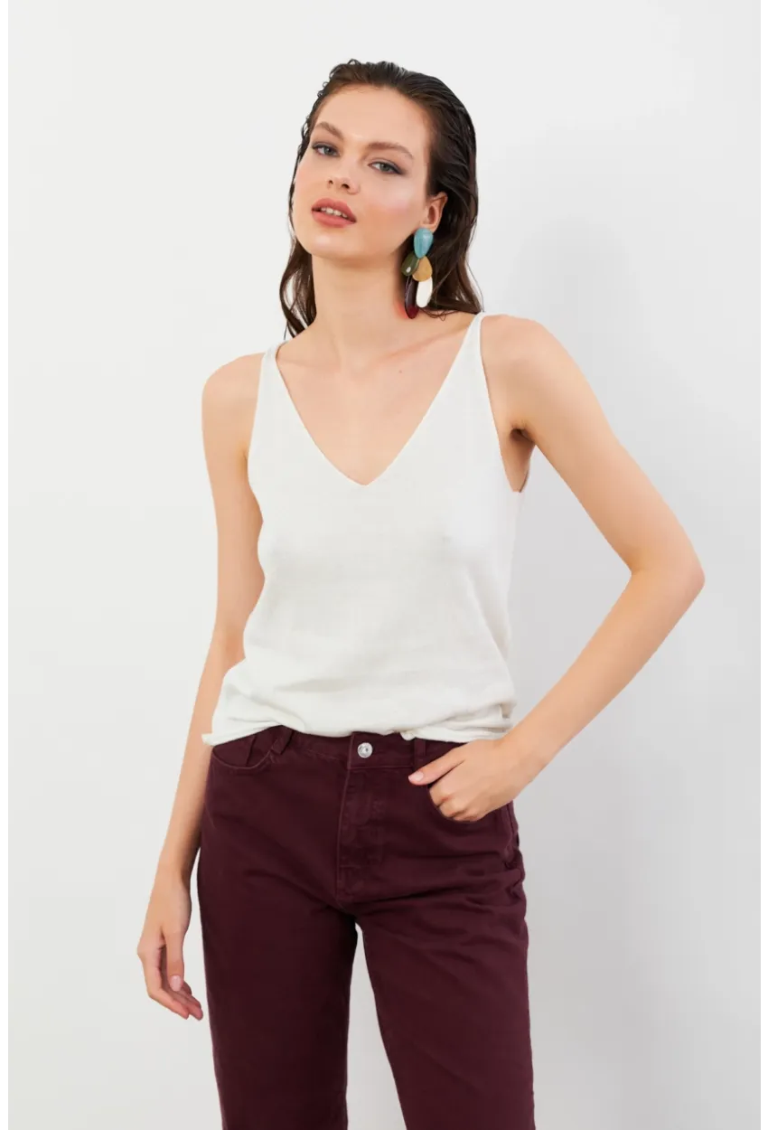 Kadın Ekru V Yaka Triko Bluz KZ546