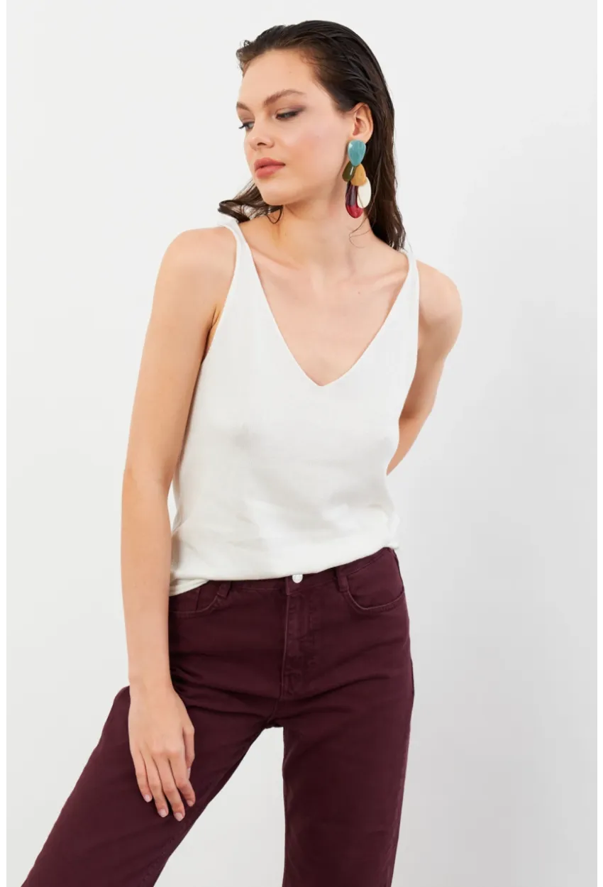 Kadın Ekru V Yaka Triko Bluz KZ546