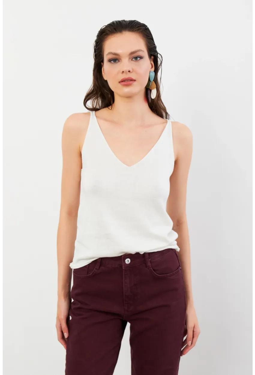 Kadın Ekru V Yaka Triko Bluz KZ546
