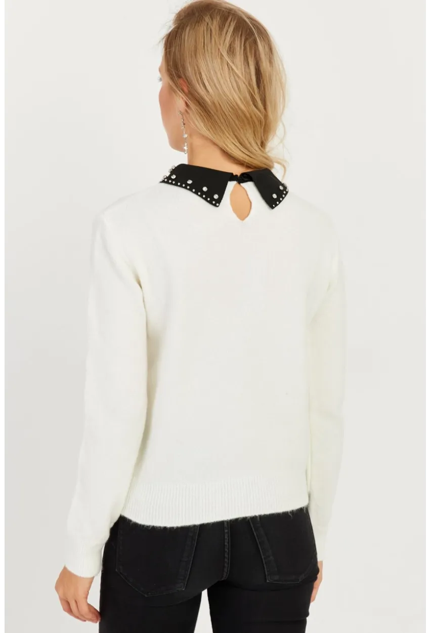 Kadın Ekru Yakası Taşlı Triko Kazak KED1213