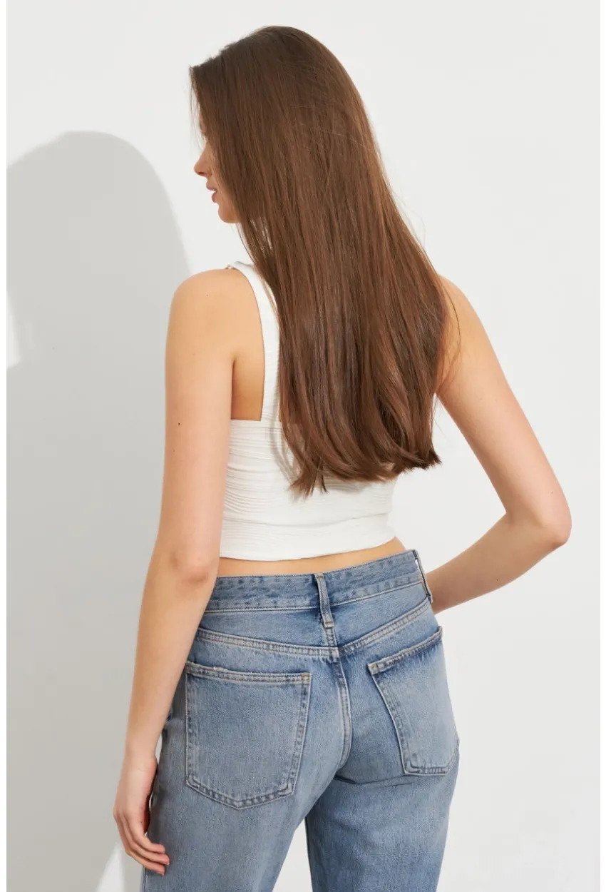 Kadın Ekru Zincir Askılı Astarlı Crop Bluz LİT109