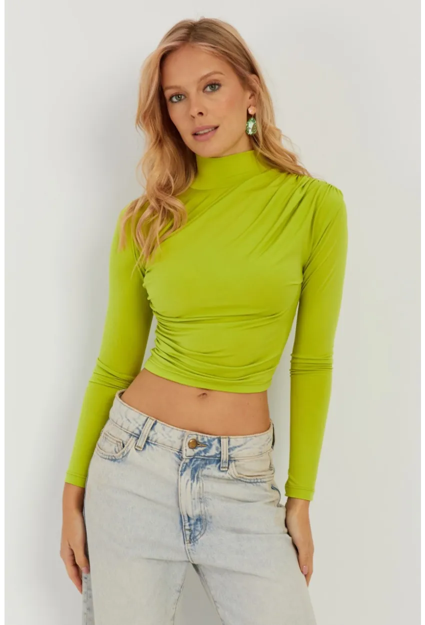 Kadın Fıstık Yeşil Büzgülü Kısa Bluz MEN2023-90