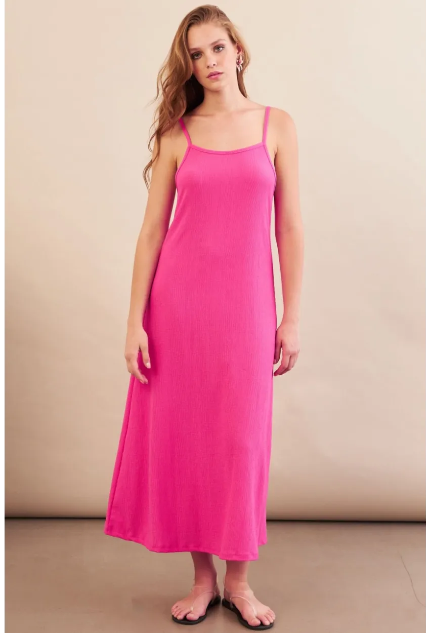 Kadın Fuşya Ayarlanabilir Askılı Bürümcük Midi Elbise MX9455