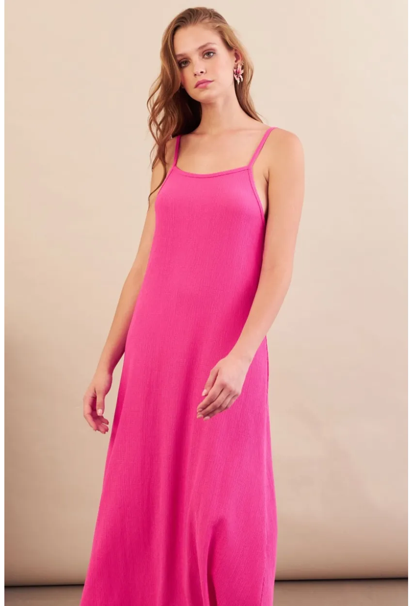 Kadın Fuşya Ayarlanabilir Askılı Bürümcük Midi Elbise MX9455