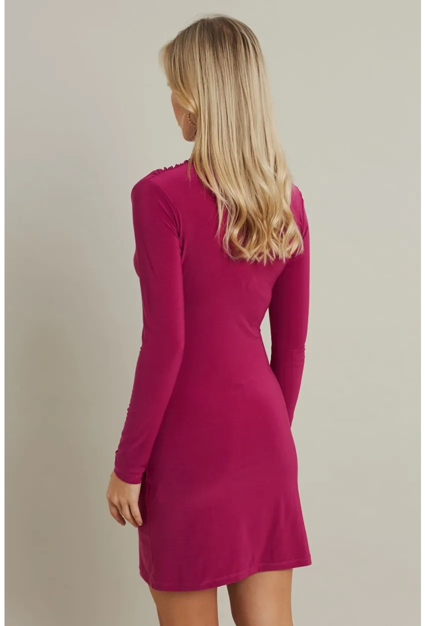 Kadın Fuşya Büzgülü Dik Yaka Mini Elbise ELT3138-90