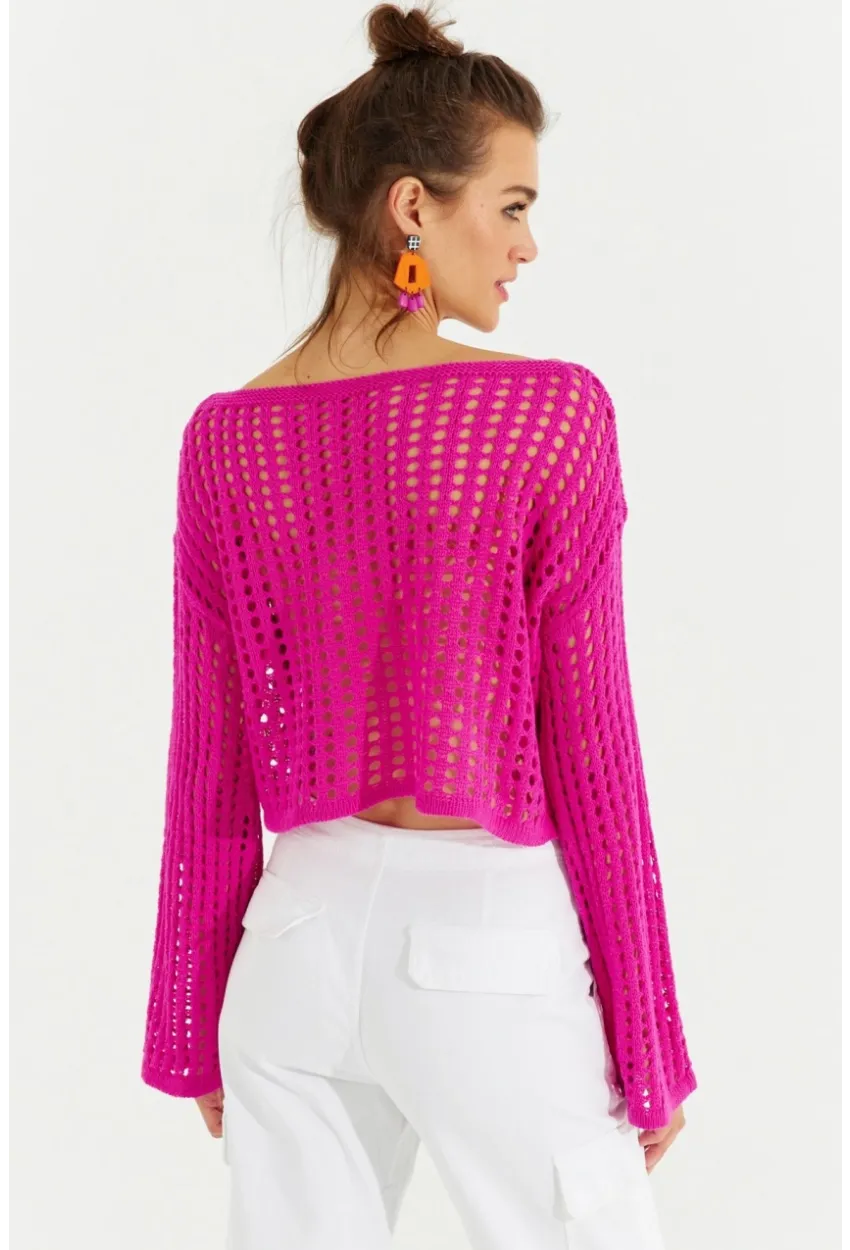 Kadın Fuşya İspanyol Kol Ajurlu Triko Kısa Bluz SMT181