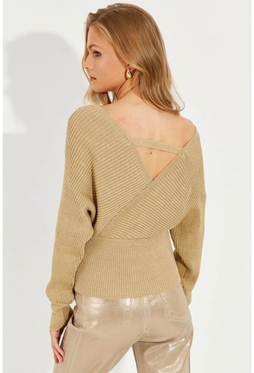 Kadın Gold Rengi Kruvaze Simli Kazak KED125