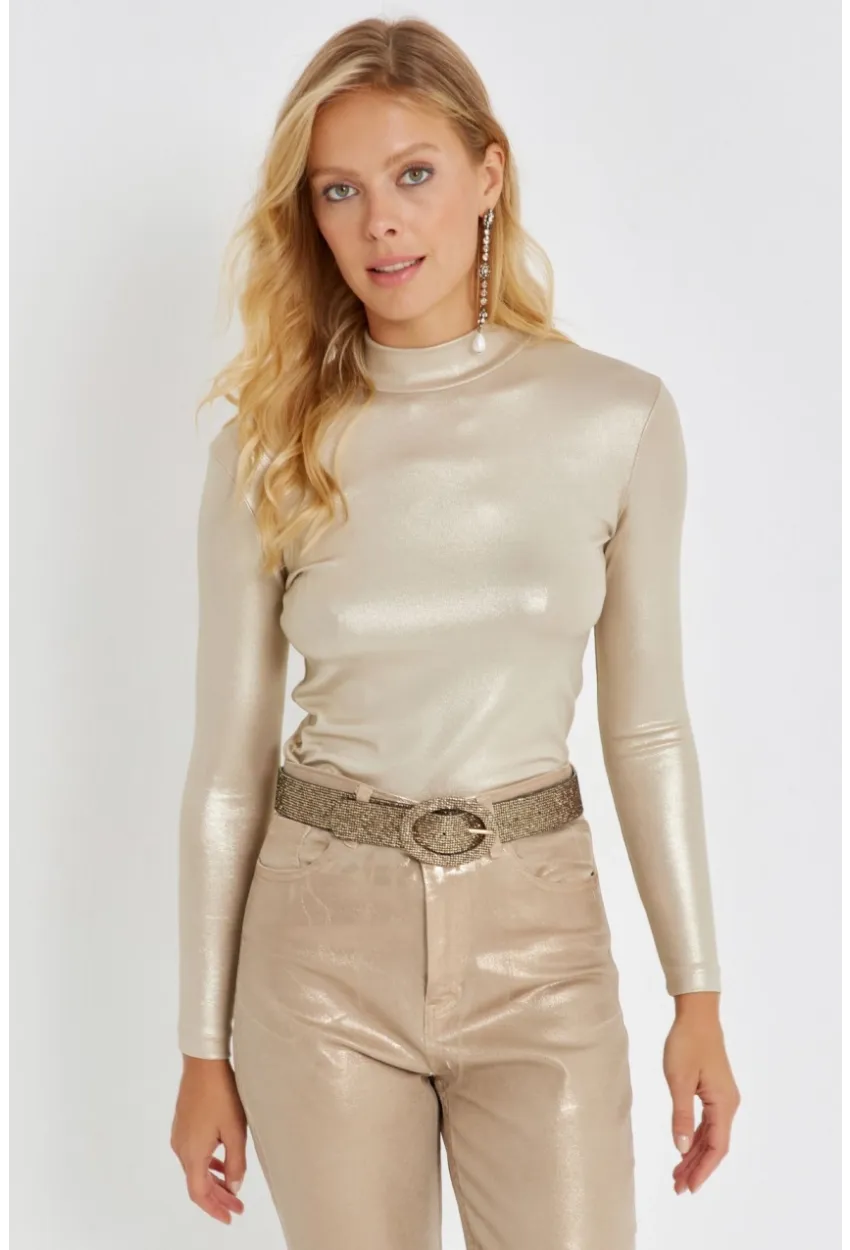 Kadın Gold Rengi Parlak Bluz LPP1245