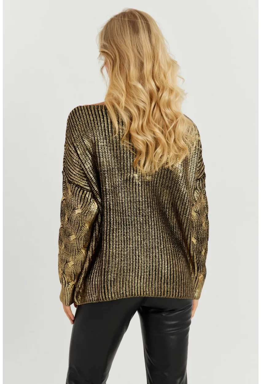 Kadın Gold Rengi Varaklı Triko Kazak SF2533