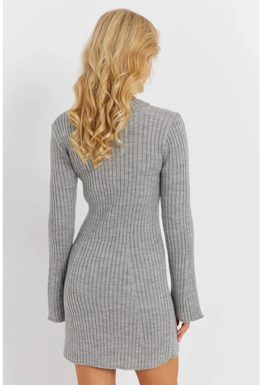 Kadın Gri İspanyol Kol Triko Mini Elbise YV273