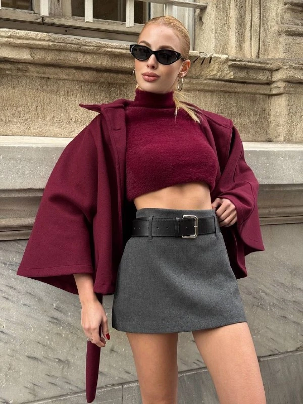 Kadın Gri Kemerli Şort Etek