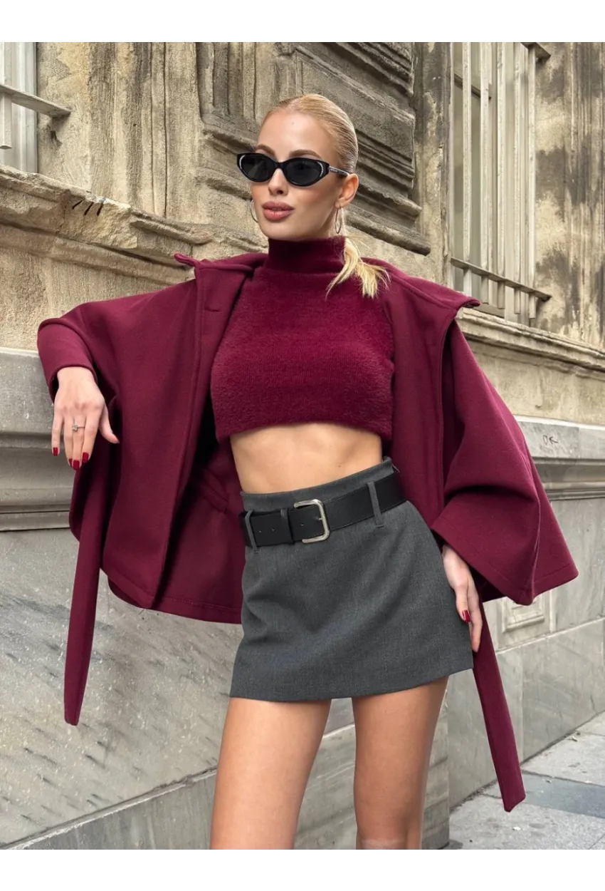 Kadın Gri Kemerli Şort Etek