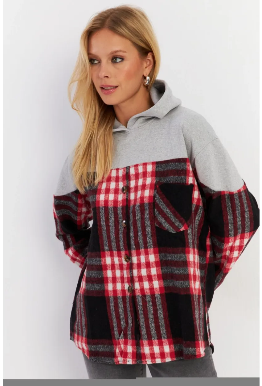 Kadın Gri Kontrast Düğmeli Sweatshirt YLE004