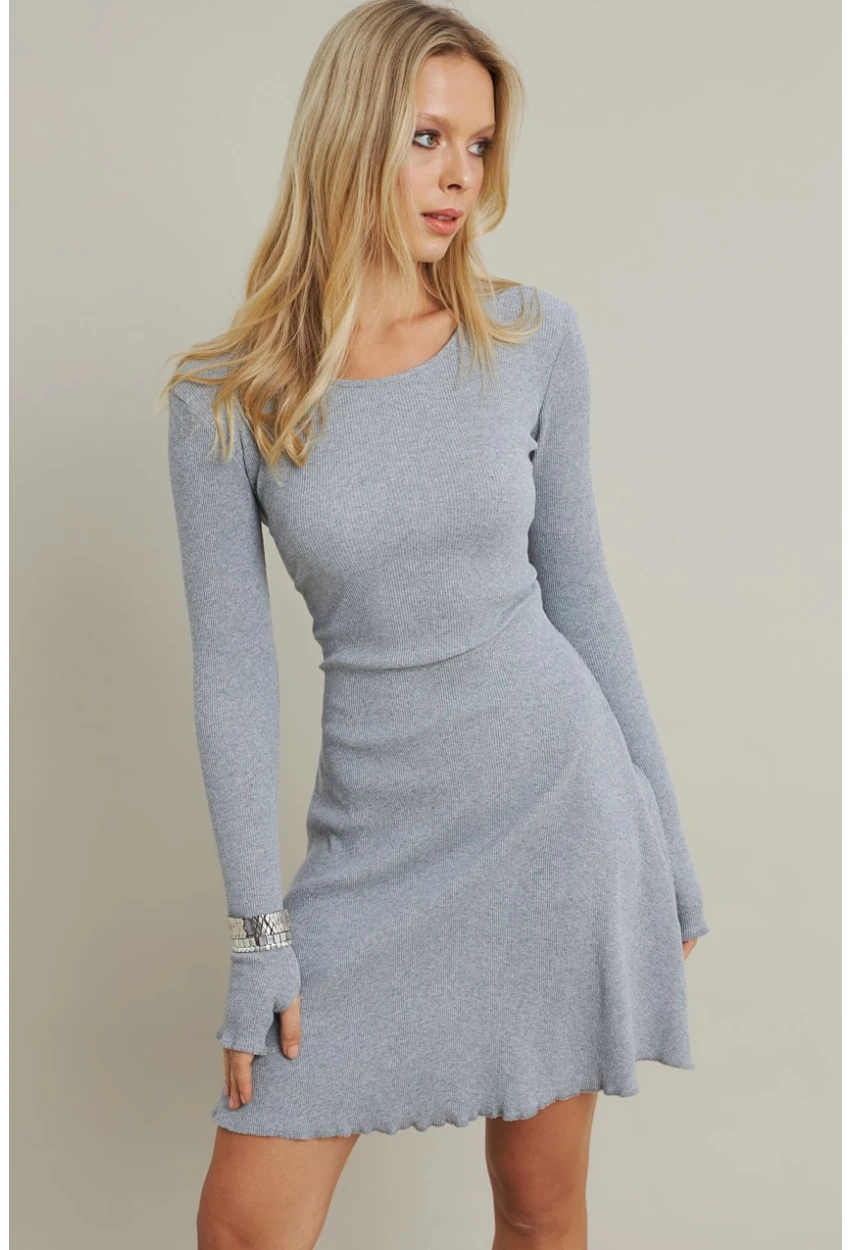 Kadın Gri Melanj Bağlamalı Kaşkorse Mini Elbise FRY2175