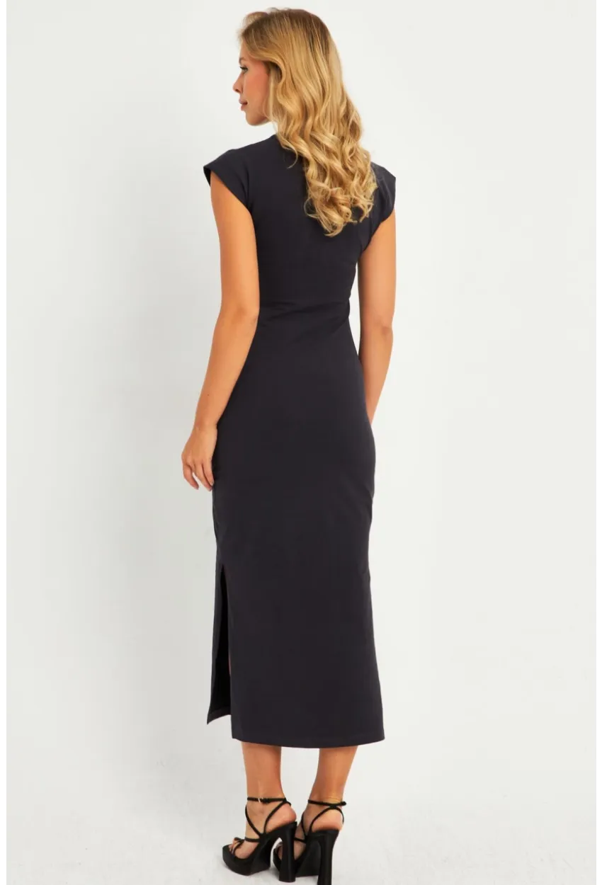 Kadın Gri Pencereli Aksesuarlı Midi Elbise YLE22