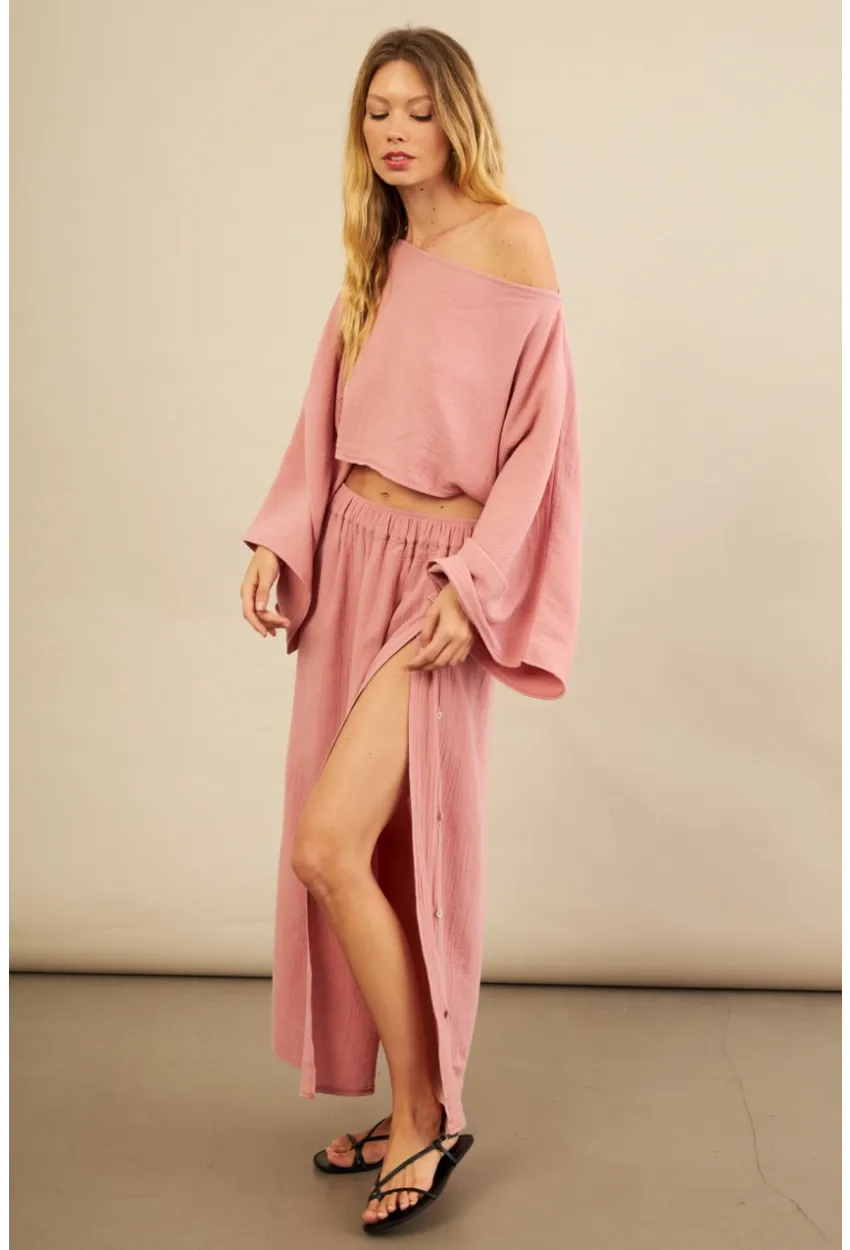 Kadın Gül Kurusu Yarasa Kol Crop Müslin Etek Takım BTY104