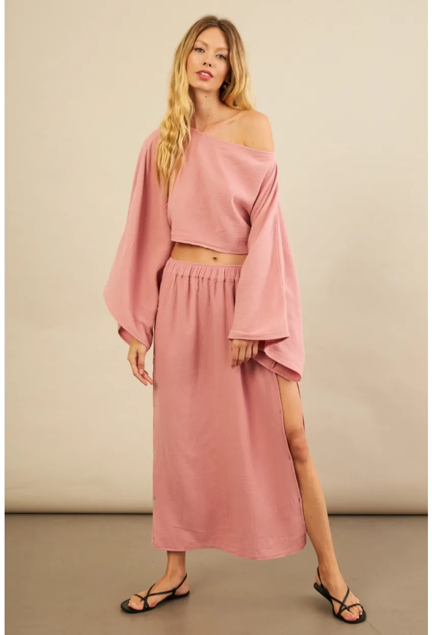 Kadın Gül Kurusu Yarasa Kol Crop Müslin Etek Takım BTY104