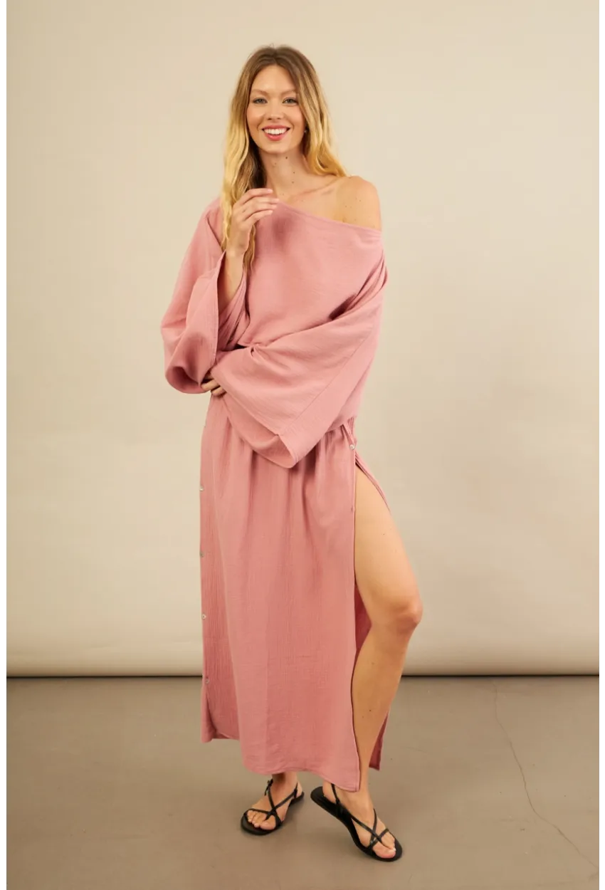 Kadın Gül Kurusu Yarasa Kol Crop Müslin Etek Takım BTY104