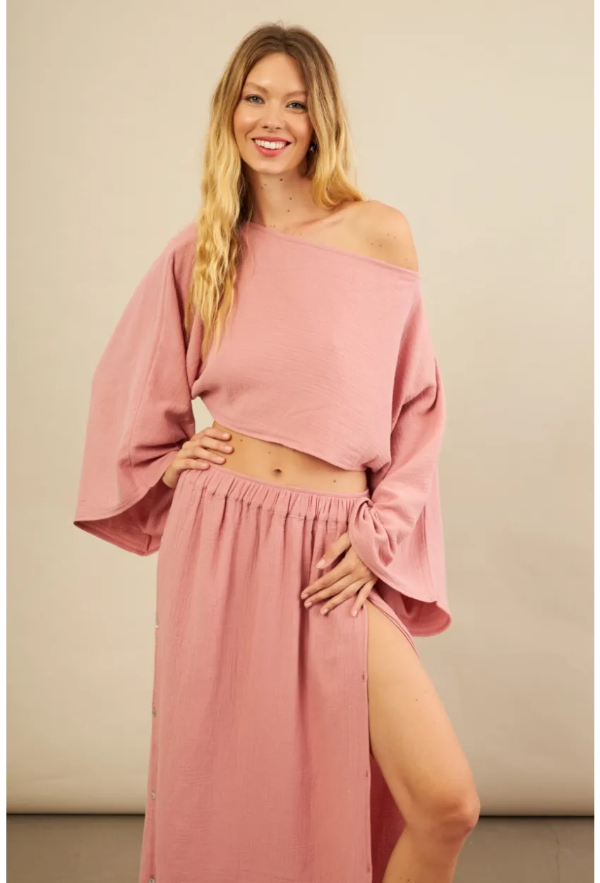 Kadın Gül Kurusu Yarasa Kol Crop Müslin Etek Takım BTY104