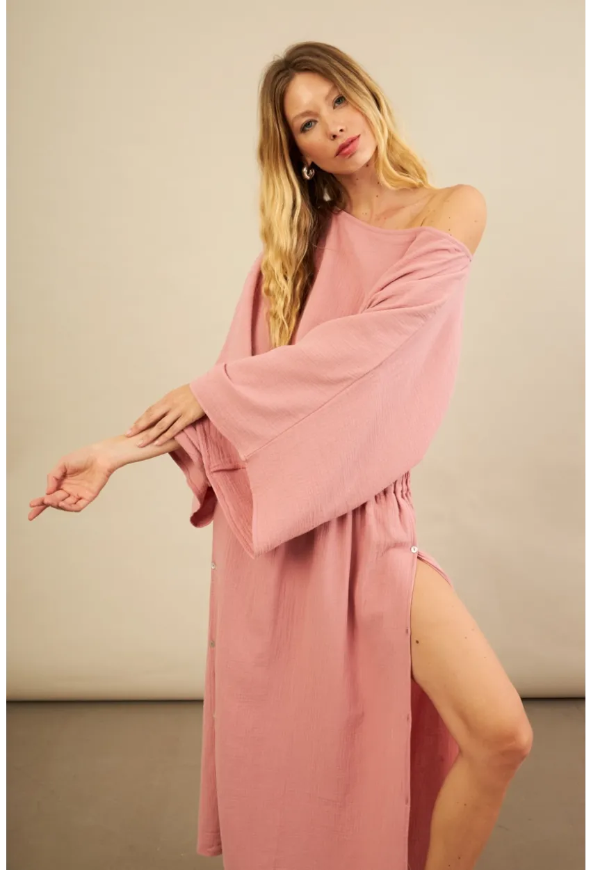 Kadın Gül Kurusu Yarasa Kol Crop Müslin Etek Takım BTY104