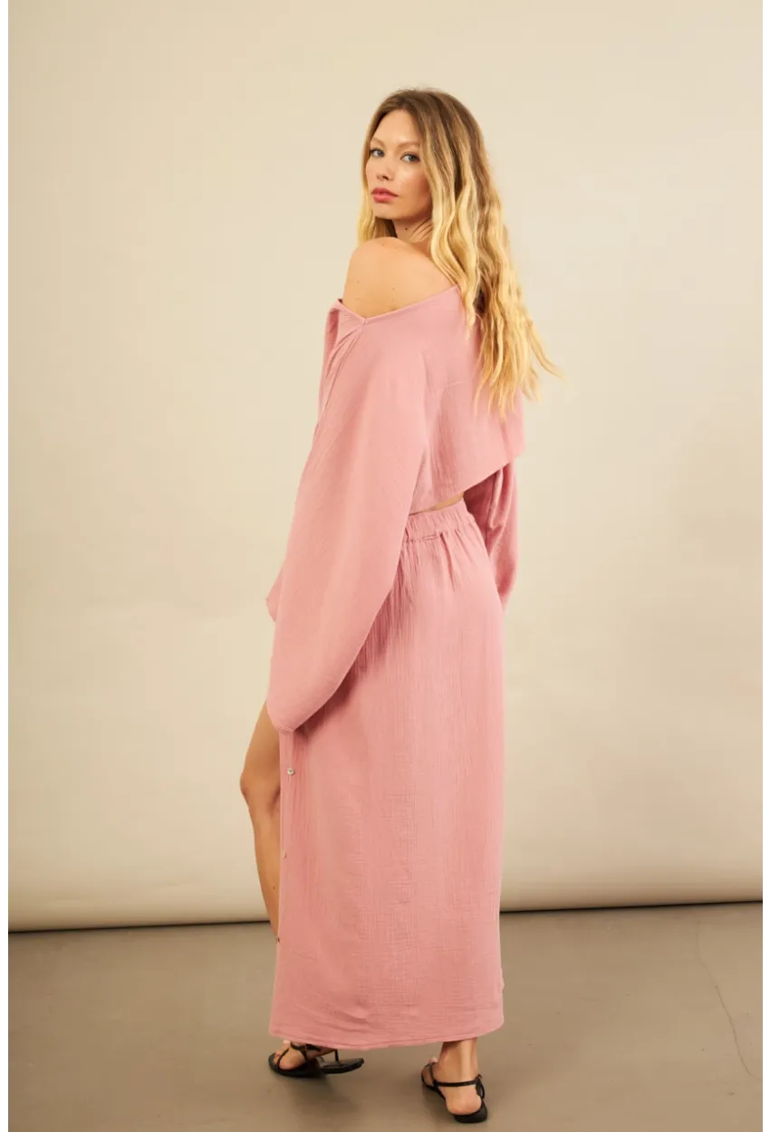 Kadın Gül Kurusu Yarasa Kol Crop Müslin Etek Takım BTY104