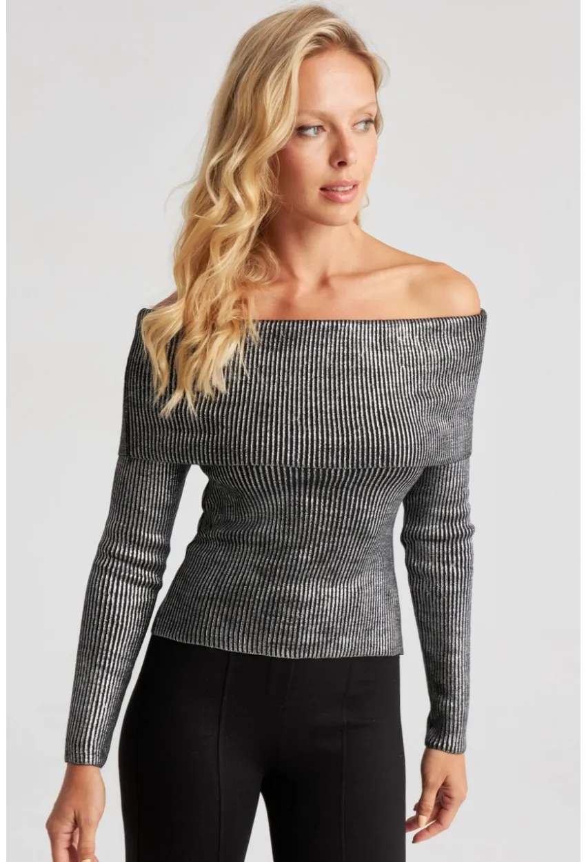 Kadın Gümüş Rengi Varaklı Madonna Triko Bluz SF2523