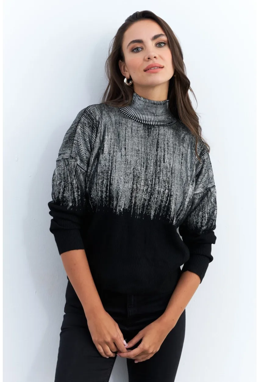 Kadın Gümüş-Siyah Balıkçı Yaka Varaklı Kazak RM07