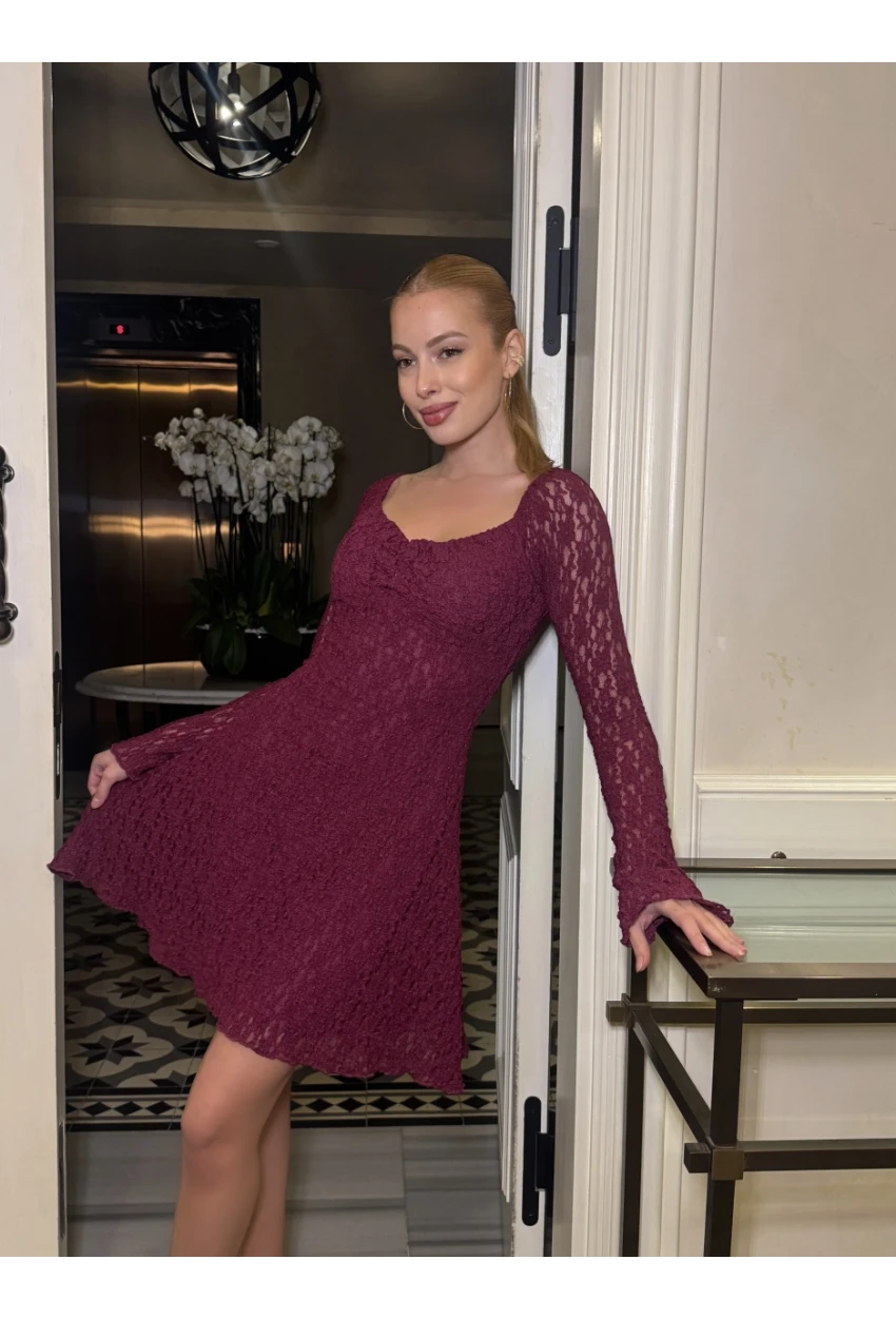 Kadın Güpür Detay Astarlı Elbise Bordo